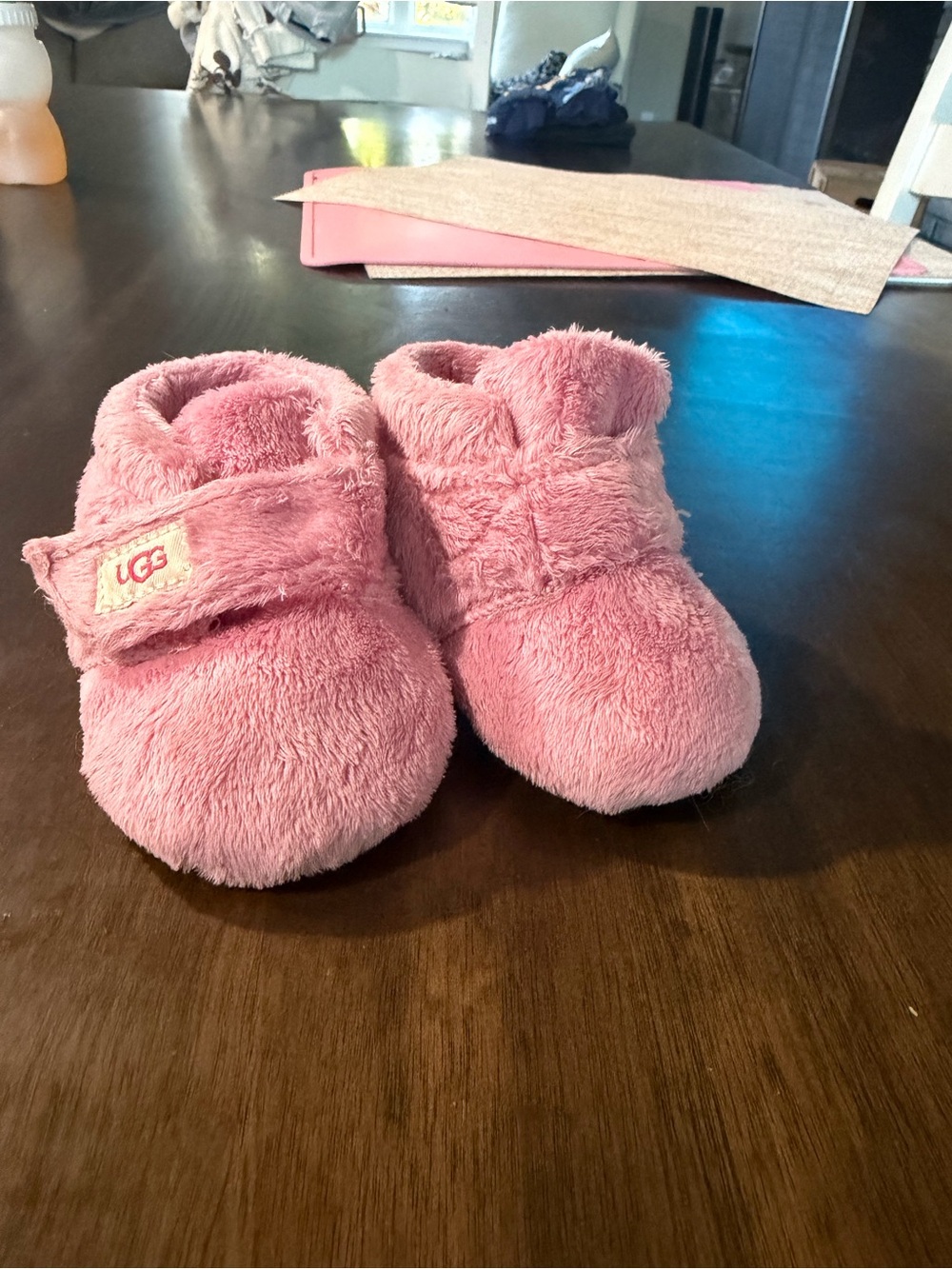 UGG Plush Baby Booties in Pink with Velcro Strap
